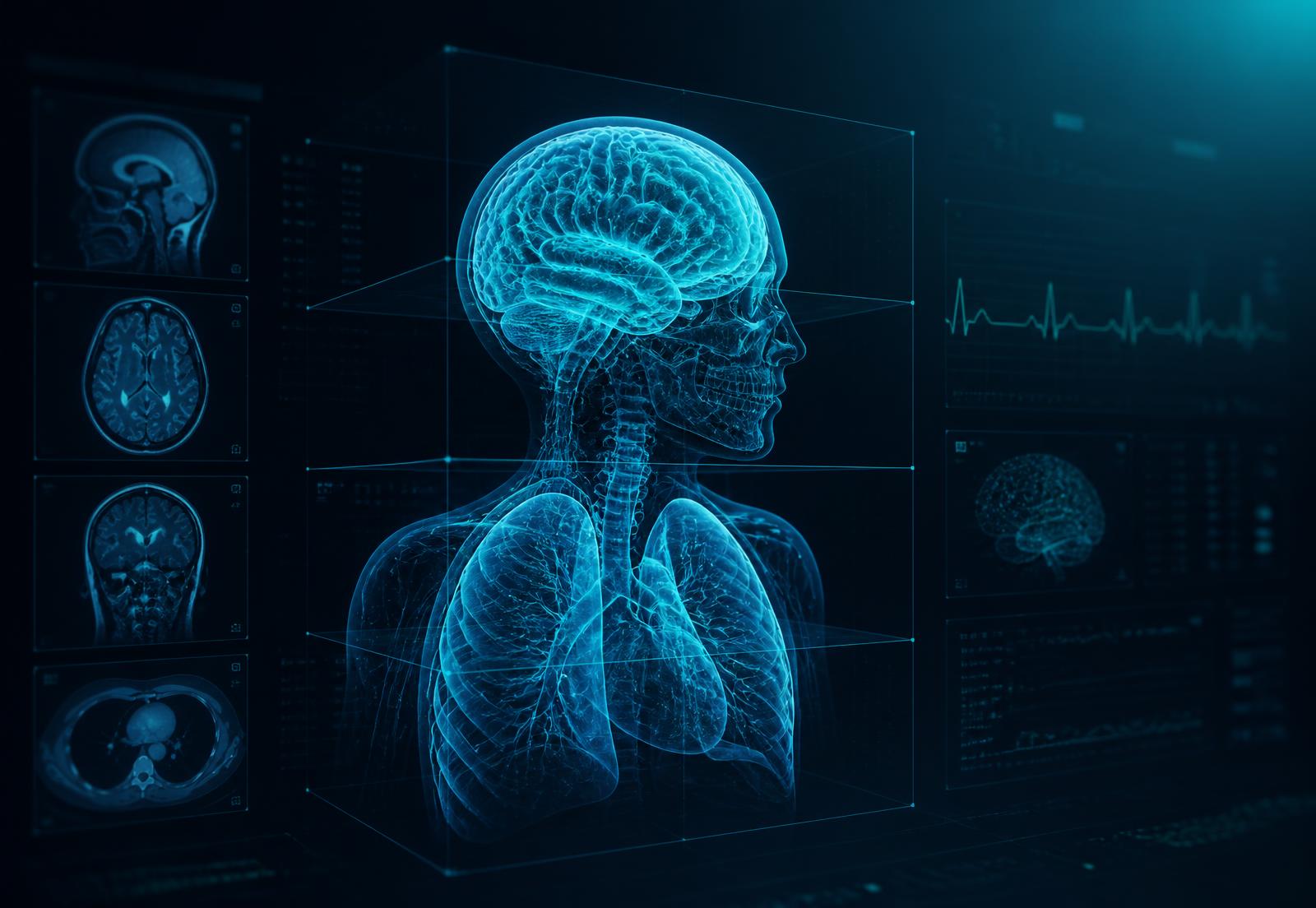 Veayos 3D DICOM viewer rendering a volumetric scan beside imaging worklists