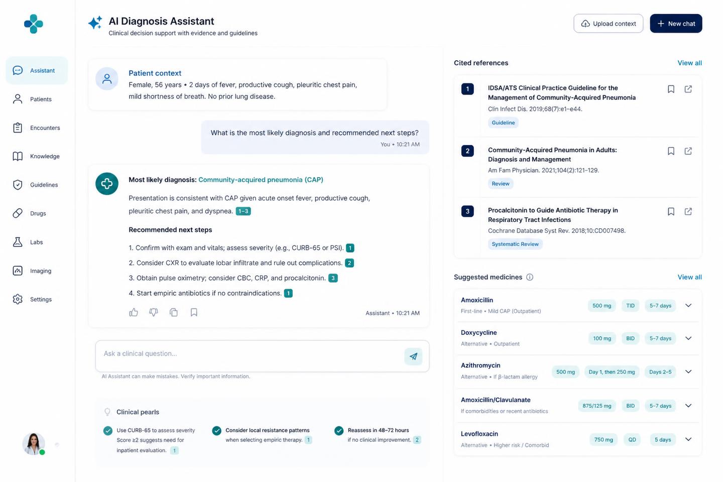Veayos AI diagnosis assistant with cited references and suggested medicines