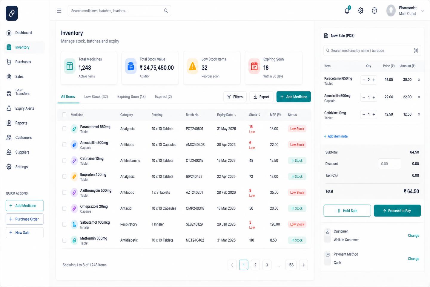 Veayos pharmacy inventory and point-of-sale screen